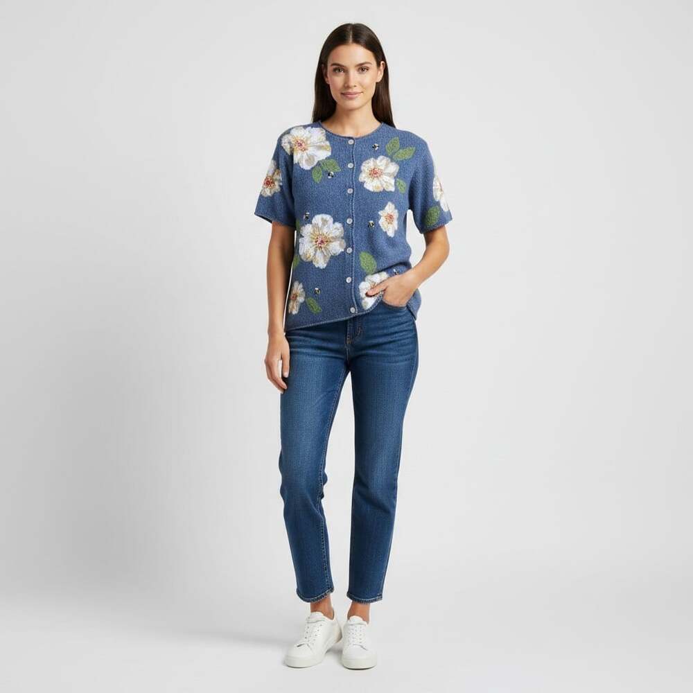 Susan Bristol Blue Floral Bee Hand Embroidered Cardigan Short Sleeve Size L